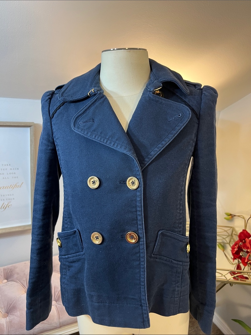 Juicy Couture Navy Double-Breasted Blazer/Peacoat with Gold Buttons Size Small